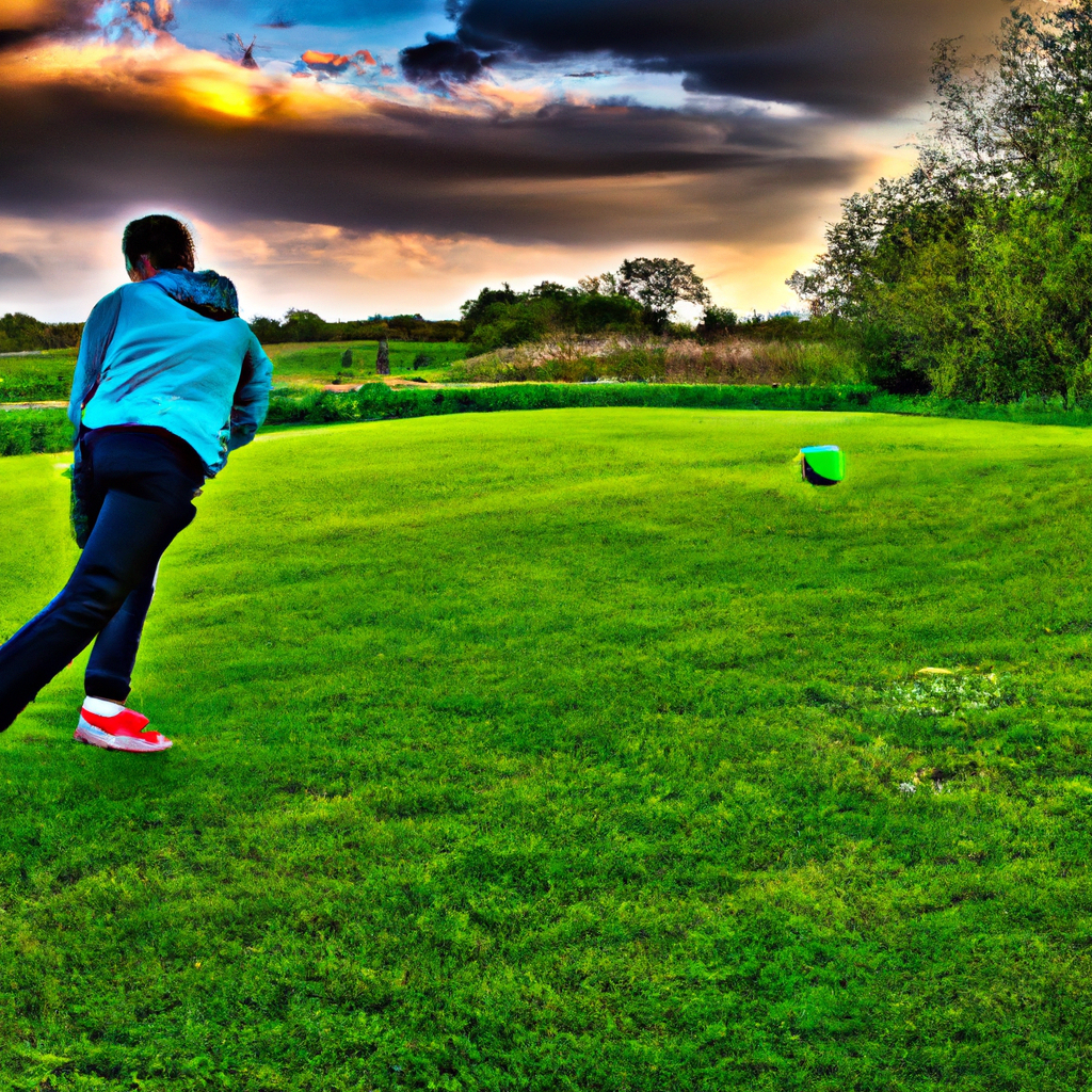 Footgolf speler die de bal schopt op een groen veld bij zonsondergang in België, zeer gedetailleerd
